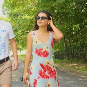 Y2K Diamond Stitched Maxi Dress with bright red, orange flowers over a blue sky